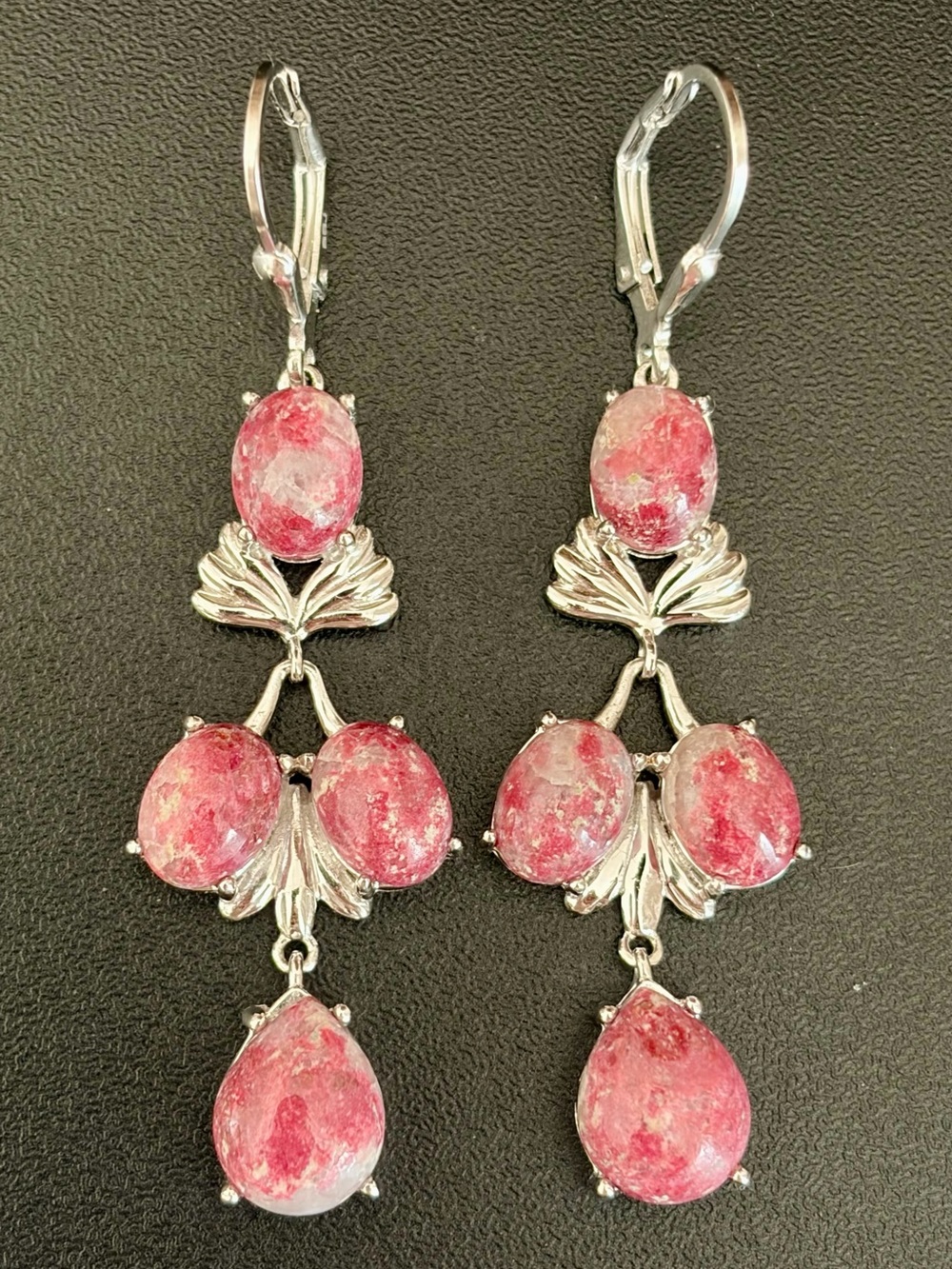 AUTHENTIC BBJ 925 STERLING SILVER PINK GEMSTONE LEAF CLUSTER DANGLE EARRINGS
